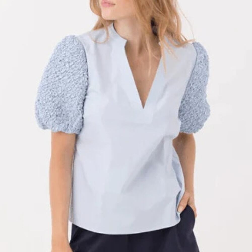 NEW Sundays Pilar Blue Poplin Textured Puff Sleeve Split Neck Blouse Womens Med